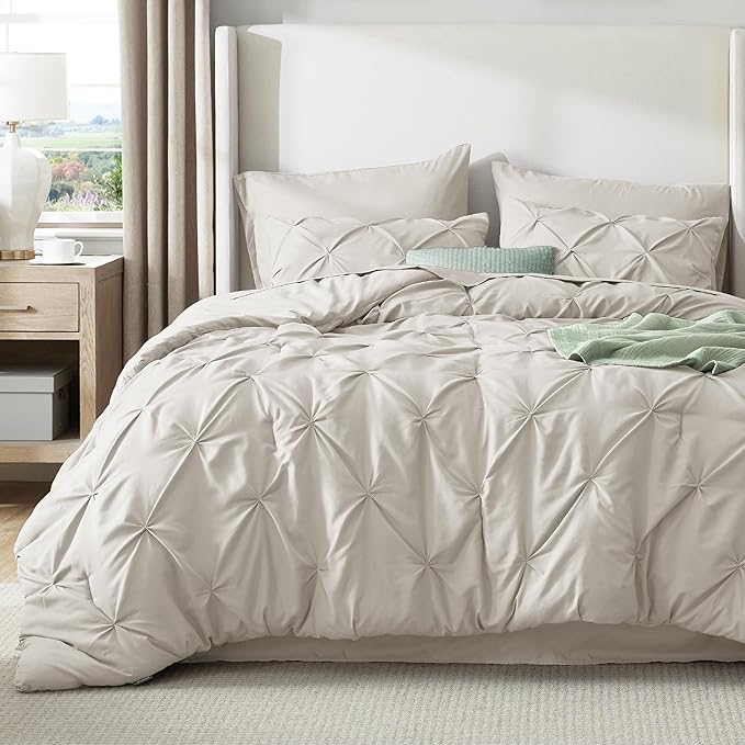 Bedsure Queen Comforter Set Linen - Bed in a Bag Queen Size Bedding 7 Pieces, GentleSoft™ Pintuck Bed Set Gift for Family, Pinch Pleat All Season Comforter with Sheets, Pillowcases & Shams