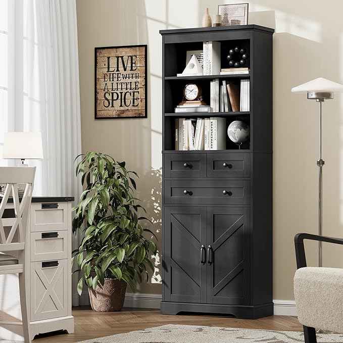Vabches Farmhouse Bathroom Cabinet, 70" Tall Bathroom Storage Cabinet with 3 Drawers, Adjustable Shelves & Doors, 3 Tier Wood Cabinets for Bathroom, Living Room, Kitchen, Rustic Black