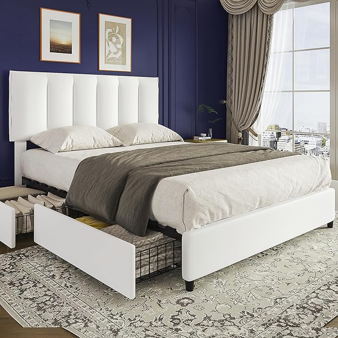 VECELO Queen Size Bed Frame with 4 Storage Drawers, Adjustable Height Headboard, Heavy-Duty Platform Bedframe with Strong Wooden Slats, No Box Spring Needed, Pure White