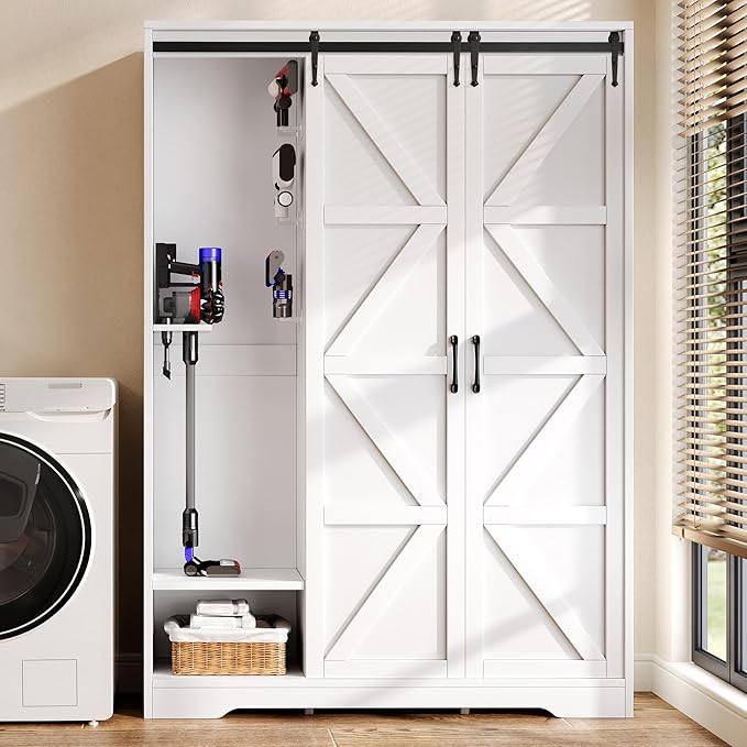 Broom Closet Storage Cabinet, 67" H Wooden Vacuum Storage Cabinet, Utility Closet with Sliding Door, Cleaning Tool Organizer with Shelf and 6 Pack Broom Holder, 67.1" H×47.2" W×15.7" D, White