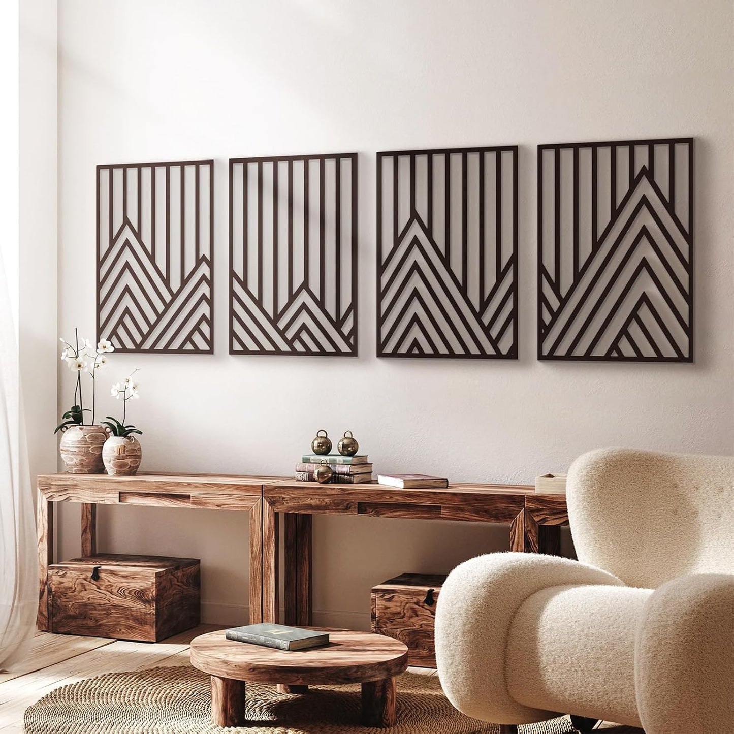 Glamativity 4 Pack Black Abstract Metal Wall Art, Minimalist Décor Single Line Art Wall Décor, 3D Textured Metal Wall Sculptures, for Living Room Bedroom Bathroom Study Room (Mountain Line, L Size 22.5 x 15.7'')