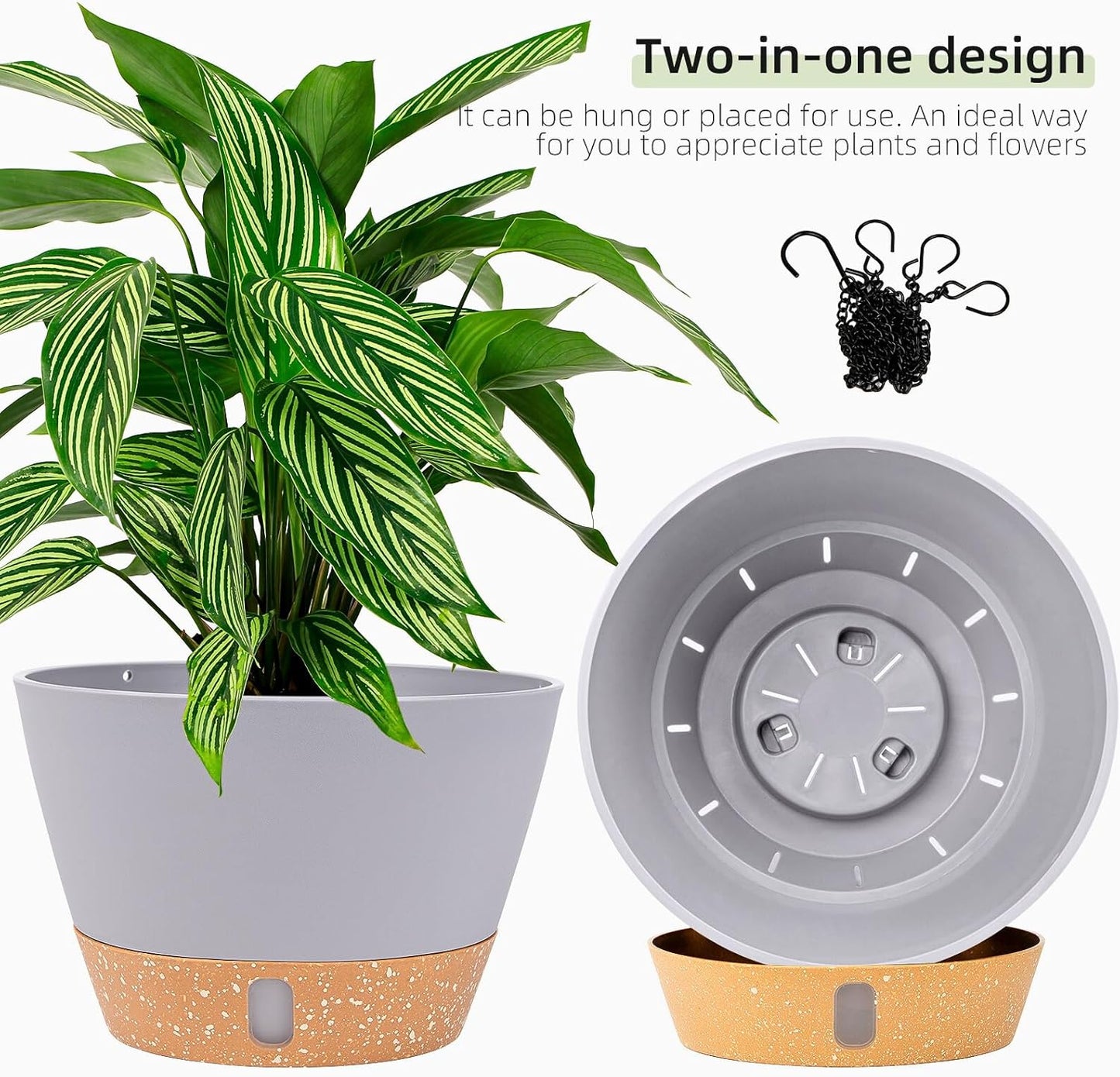 QCQHDU 2 Pack Hanging Planters for Indoor Outdoor Plants, 8 Inch Hanging Baskets Flower Pots with Reservoir Tray & Visible Water-Level