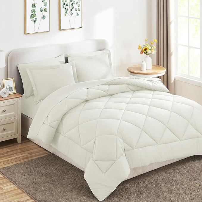 CozyLux Full Size Comforter Sets Ivory - 7 Pieces Bed in a Bag Full, Luxury Soft Bed Set for All Seasons, Bedding Set with Down Alternative Comforter, Sheets, Pillowcases & Shams