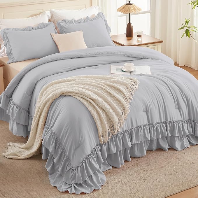 Andency Light Gray Ruffle Comforter Full Set, 3pcs Vintage Farmhouse Shabby Chic Bedding Comforter Set, Soft Lightweight Fluffy Bed Comforter Sets All Season Bedding Set