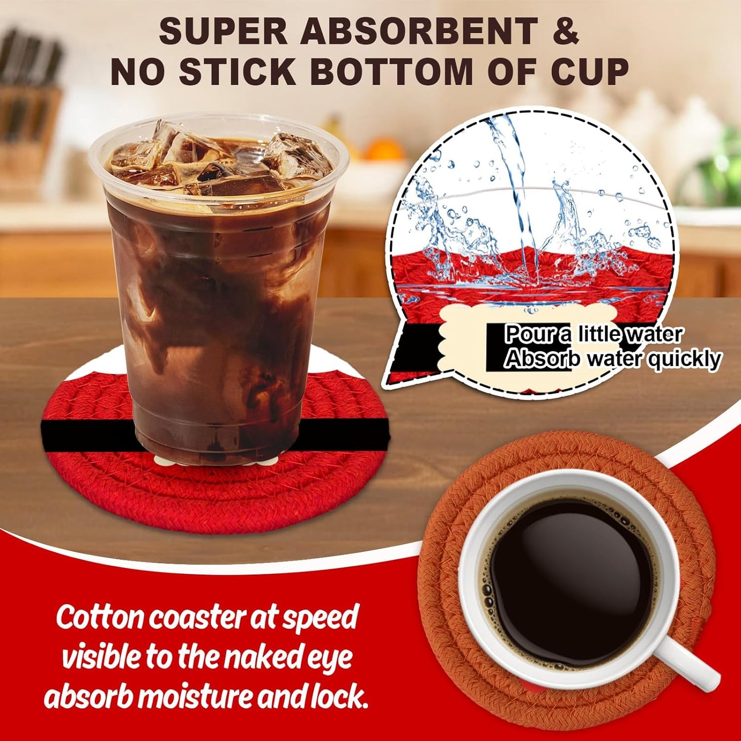 Whaline Christmas Cartoon Cotton Coasters Funny Santa Gingerbread Snowman Handmade Braided Drink Coasters Absorbent Cup Mats for Xmas Holiday Party Home Table Decor, Set of 4