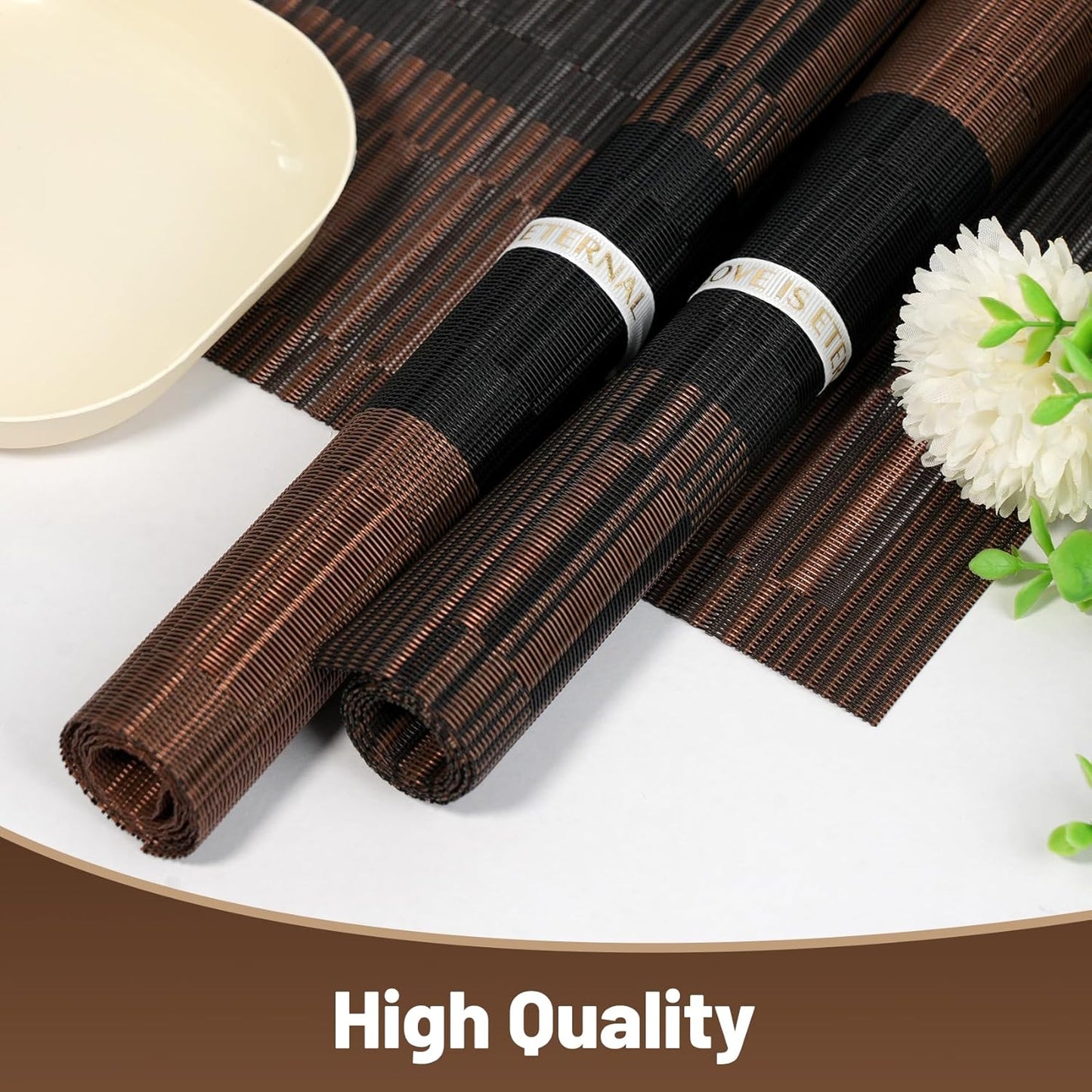 Placemats Set of 6，Non-Slip PVC Weave Table Mats Easy to Clean，Heat Resistant Place Mats for Kitchen Dining Table Decoration Indoor Outdoor，Black Brown