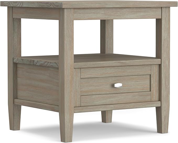 SIMPLIHOME Warm Shaker End Table - 20 inch Wide Solid Wood Side Table in Distressed Grey, Transitional Accent Table for Living Room or Bedroom with Drawer, Open Shelf and Square Tapered Legs
