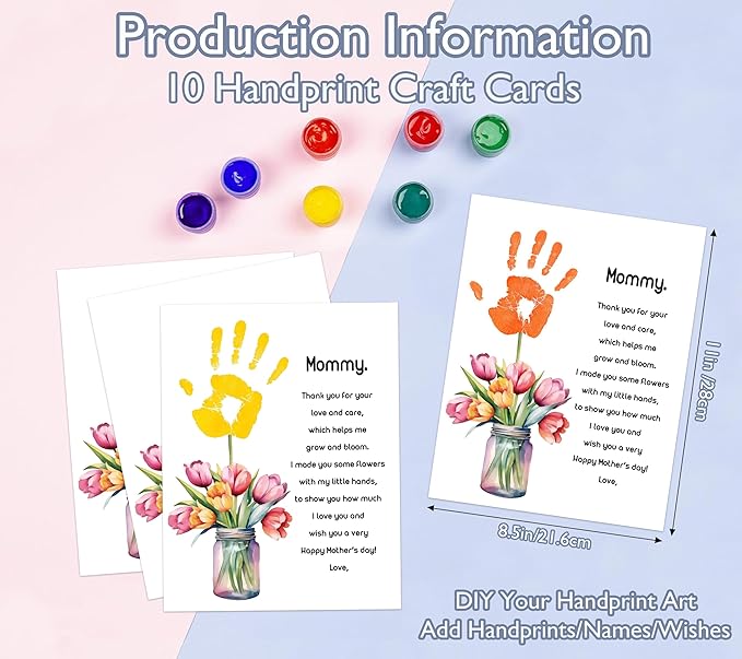 Tulips Flower Handprint Craft DIY Kit, 10 Bulk Personalized Mothers Day Cards, 8.5x11 Inch DIY Handprint Keepsake Art for Classroom Family Party Supplies, Mothers Day Gifts for Wife, New Mom, Mommy