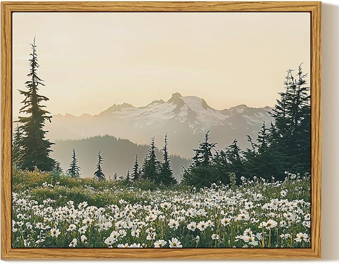 InSimSea Framed Canvas Wall Art, Vintage Floral Wildflowers Mountains Prints Wall Decor for Living Room, Small Forest Landscape Painting Farmhouse Decorations for Bedroom Shelf Gift, 8x10inch