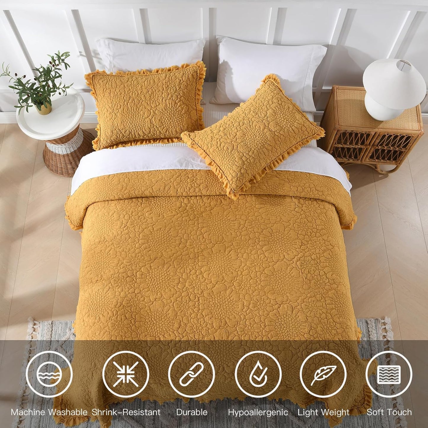 HORIMOTE HOME Yellow Ruffled Quilt King Size, Stone-Washed Microfiber Lightweight Crinkled Farmhouse Rustic Shabby Chic Bedding Set, 3 Pieces Reversible Bedspread with Pillow Shams for All Season