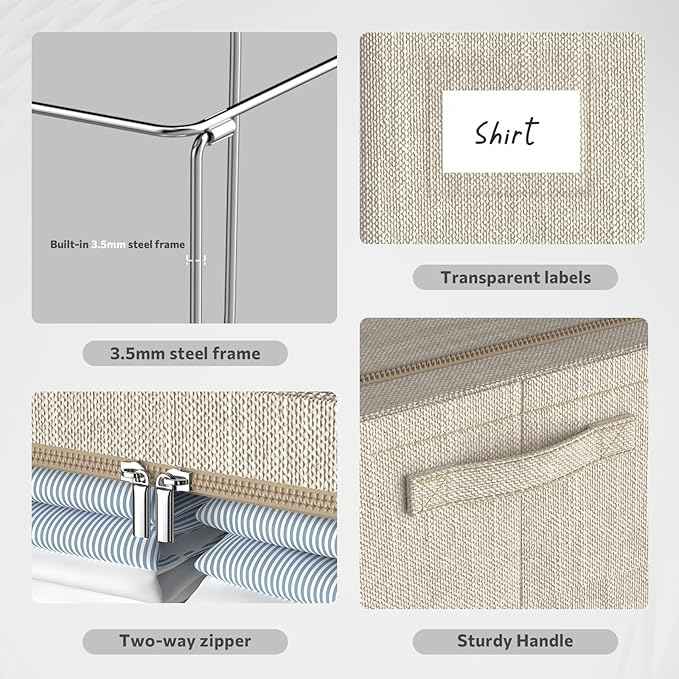 CYhom Clothes Storage Bins Box - Linen Fabric Foldable Stackable Container Organizer Set with Clear Window & Carry Handles & Metal Frame for Bedding, Blankets, Books (Beige, Medium-36L)