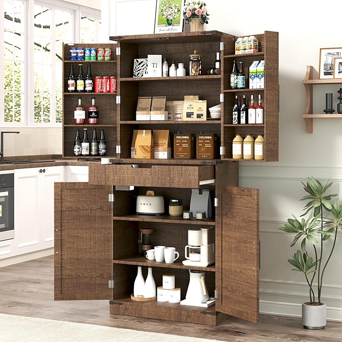 72" Kitchen Pantry Storage Cabinet with Doors and Shelves, Wood Farmhouse Pantry Storage with Barn Doors for Kitchen, Dining Room, Living Room, Dark Brown