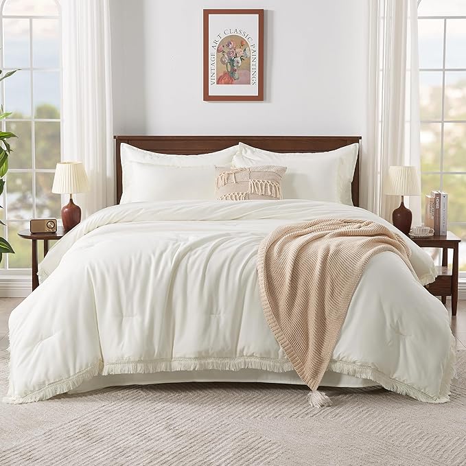 Andency Ivory Queen Size Comforter Set with Sheets - 7 Pieces Boho Tassel Bed in a Bag Soft Lightweight Bedding Sets, Ivory Fringe Bed Set with Comforter, Sheets, Pillowcases & Shams