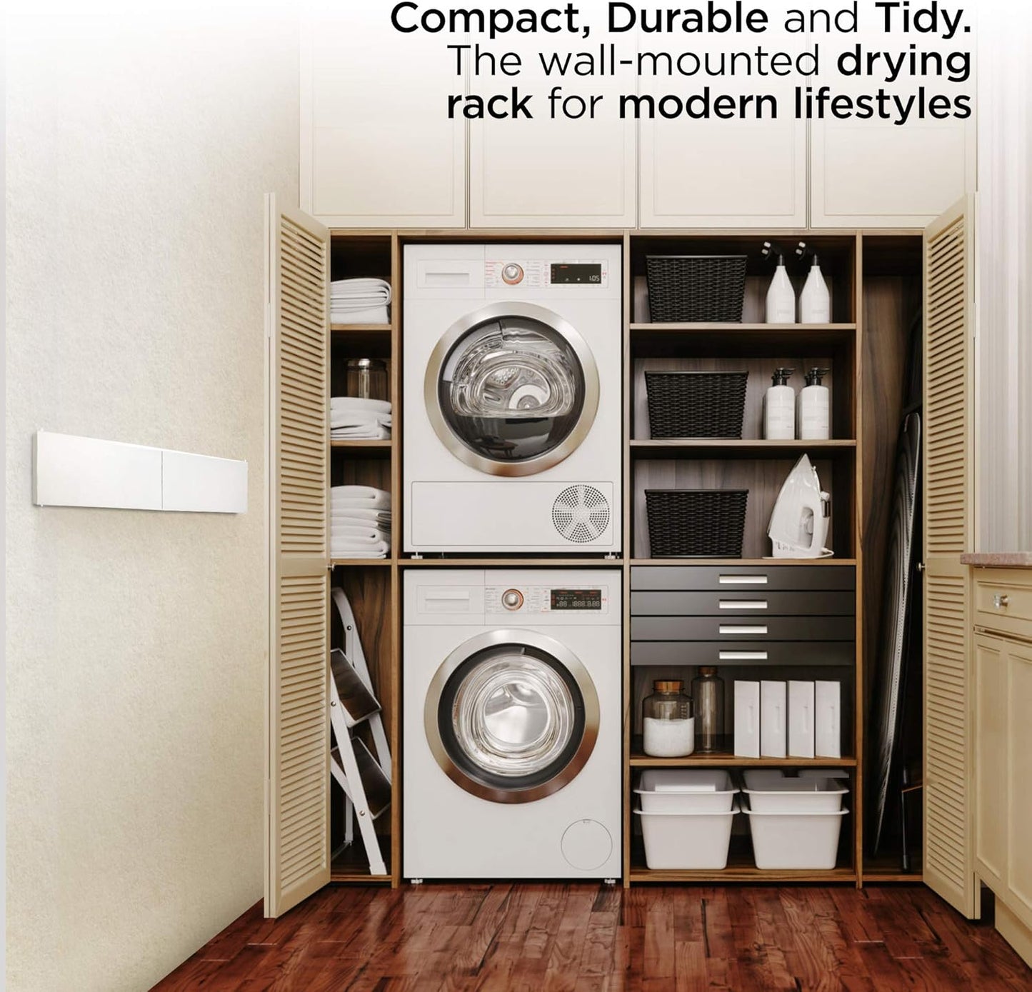 Step Up Laundry Drying Rack, Wall Mounted, Retractable Clothes Drying Rack, 60lbs Capacity, 20 Linear Ft, with Wall Template and Long Screwdriver Bit (40" White)