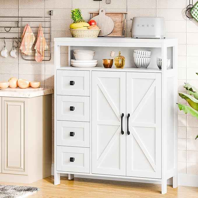Vabches Farmhouse Storage Cabinet with 2 Doors and 4 Drawers, Freestanding Bathroom Compartment Kitchen Pantry Cabinet, Floor Cupboard for Kitchen/Living Room/Bathroom,White
