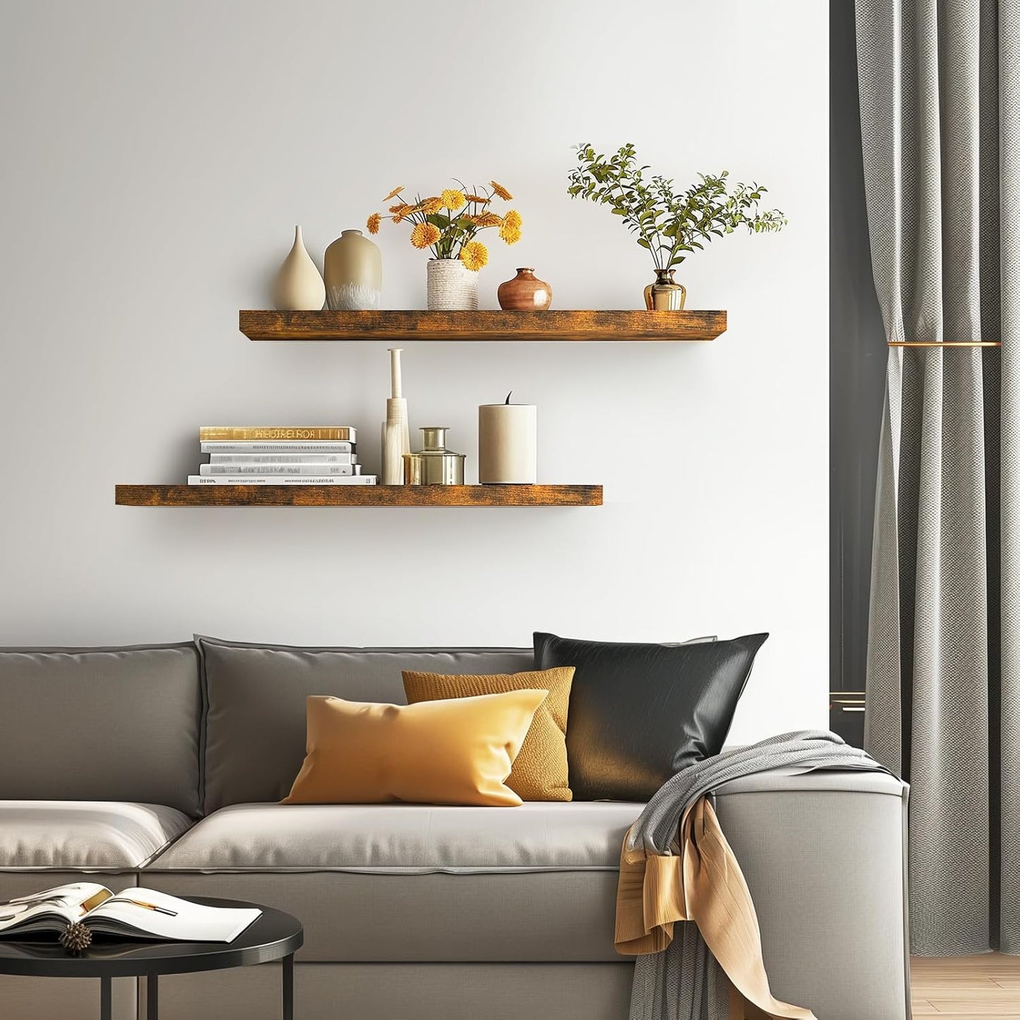 BAYKA Floating Shelves for Wall, 36 inches Long Wall Mounted Rustic Wood Shelves for Bathroom, Bedroom, Living Room, Kitchen, Office, Hanging Shelf for Books/Storage/Decor(Brown,Set of 2)