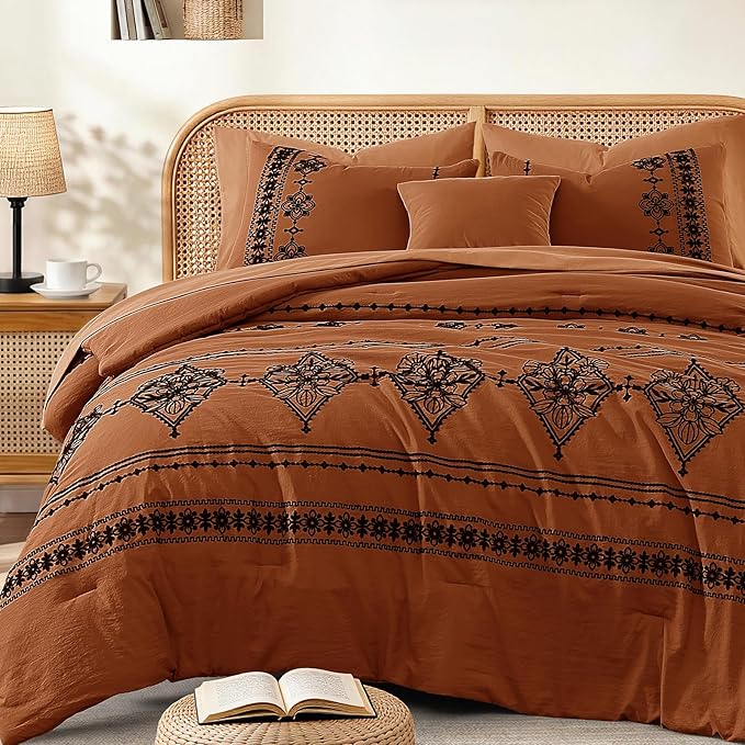 MaiRêve King Size Comforter Set Burnt Orange, Embroidery Floral Western Boho Bedding Set, All Season 7 Pieces Bed in a Bag with Sheets, Pillowcases & Shams