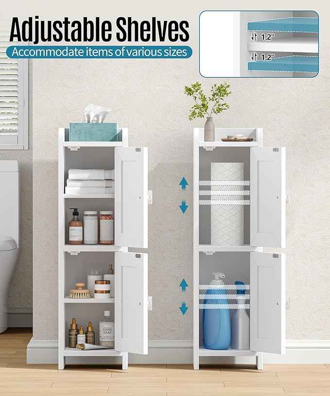 Rattan Small Bathroom Cabinet with 2 Doors, 7.9''D x 7.9''W Narrow Toilet Paper Storage Cabinet, Bathroom Organizer for Small Spaces, Slim Corner Unit with Adjustable Shelf, White Rattan