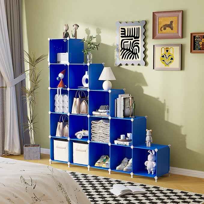 AWTATOS Cube Storage Organizer, 16 Cube Closet Organizers and Storage Shelves, DIY Stackable Bookshelf for Bedroom, Home, Admiral Blue