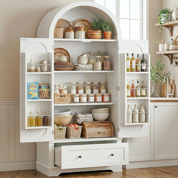 IRONCK 70.9" Tall Arched Kitchen Pantry, Kitchen Cabinet with Large Drawer, Adjustable Shelves, Arched Open Shelving, 2 Doors with Storage Shelves, Modern Versatile Cupboard for Kitchen, Dining Room
