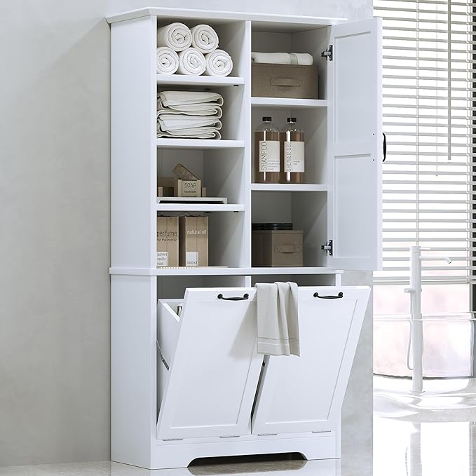 68" Tall Bathroom Storage Cabinet with Two Doors and Two Laundry Hampers for Home Display Organizer, Adjustable Shelf, White