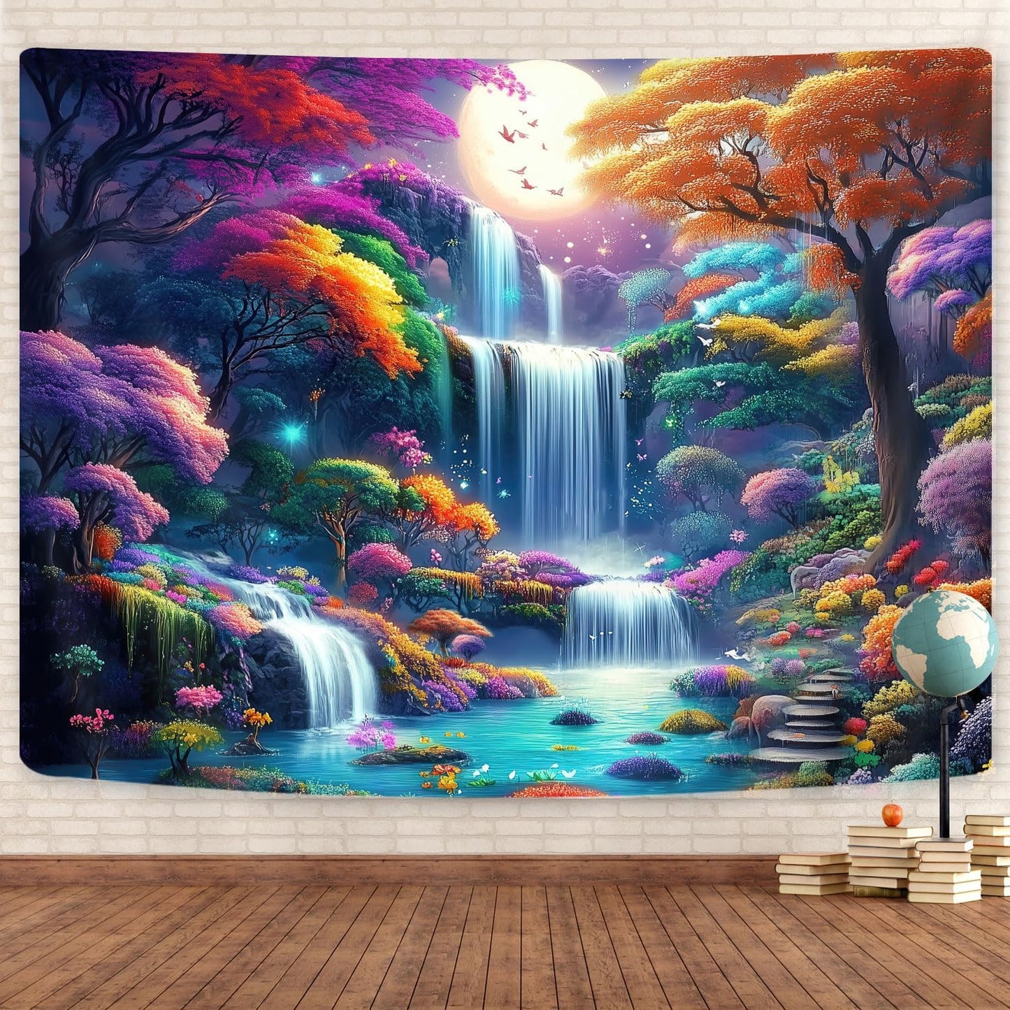 GOAOK Fantasy Enchanted Forest Tapestry, Fairytale Wonderland Colorful Tree Waterfall Art Moon Magical Aesthetic Landscape Tapestry Wall Hanging for Bedroom College Dorm Room?60"X40"Inch
