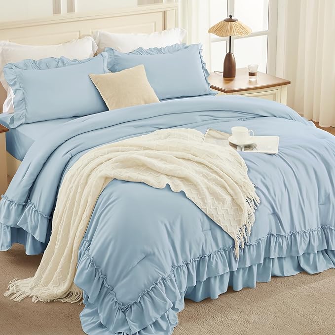 Andency Light Blue California King Comforter Set (104x96Inch), 3 Pieces Farmhouse Shabby Chic Ruffle Bedding Comforter Sets, Lightweight Fluffy Soft All Season Bed Set