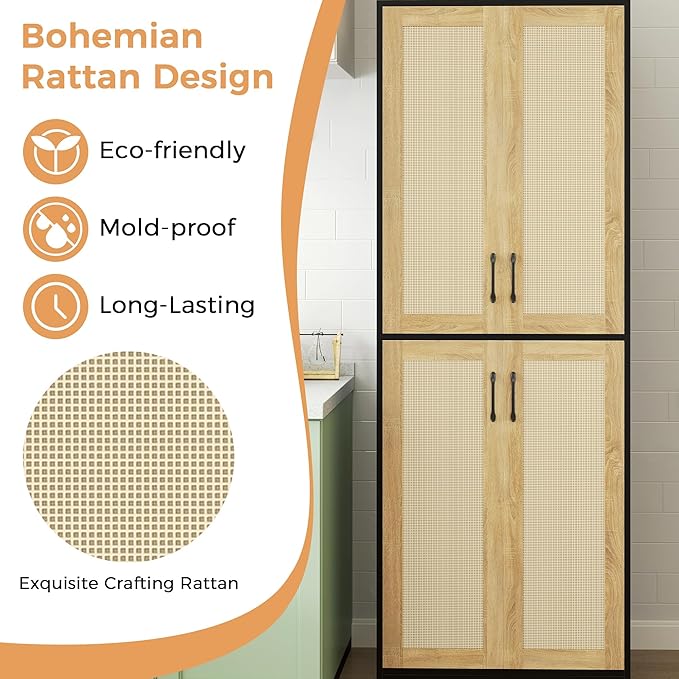 JASIWAY Kitchen Pantry Cabinet, 67" Tall Rattan Storage Cabinet with Doors and Adjustable Shelves, Wooden Linen Pantry Cupboard for Small Spaces Laundry Room Bathroom, Food Snack Towels Storage, Black