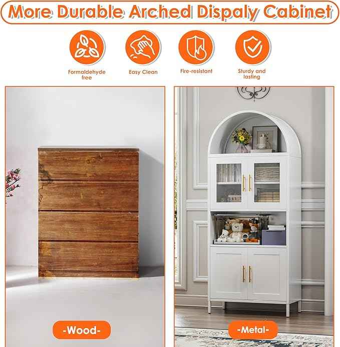 Metal Arched Pantry Cabinet with Glass Doors, Tall Arched Kitchen Pantry Cabinet for Kitchen Home Living Room,White,Required Assembly