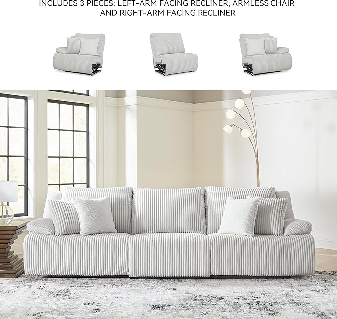 Signature Design by Ashley Top Tier Coastal 3-Piece Reclining Sectional Sofa with 4 Accent Pillows, Light Gray