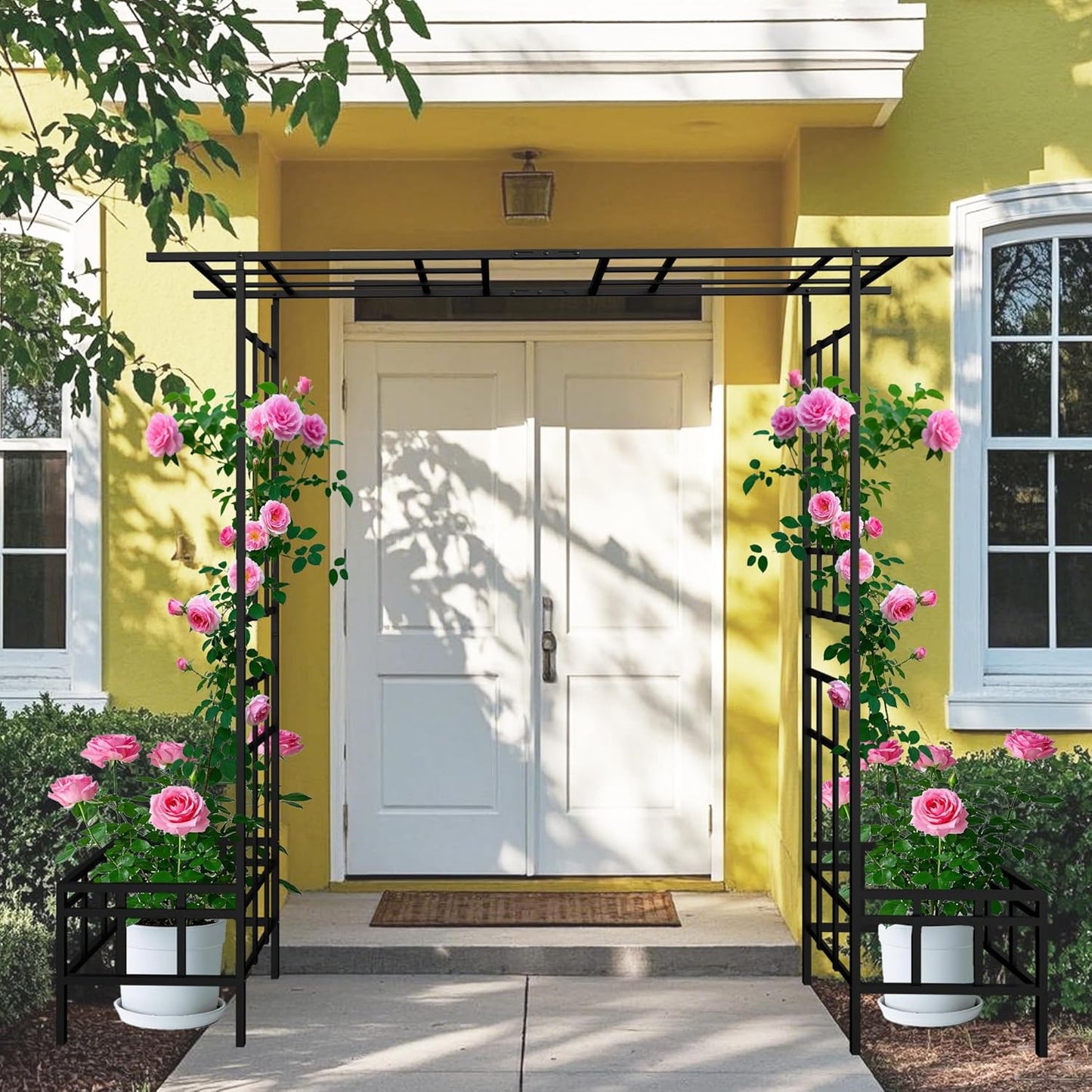 Metal Garden Arch with Plant Box Adjustable Width W68.11'' ~W94.29'' Garden Trellis Climbing Plants Support Rose Arch Outdoor Wedding Party Events Archway,Black
