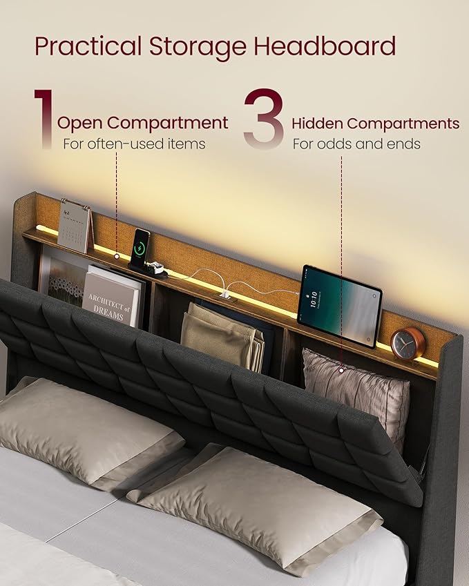 VASAGLE Full Size Floating Bed Frame with LED Lights, Upholstered Full Bed Frame with Charging Station, Tufted Storage Headboard, Noise-Free, No Box Spring Needed, Dark Gray URMB852G71V1