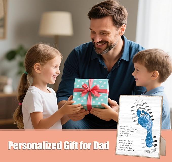 Farmhouse Fathers Day Footprint Art Wooden Sign with Stand and Hook, 9x12 Inch, DIY My First Father Day Crafts Keepsake, Personalized Gifts for Dad Daddy from Wife Daughter & Son