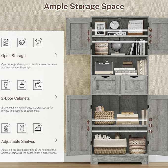 Iwell Tall Storage Cabinet with Adjustable Shelf, Bathroom Cabinet with 2 Drawers, Linen Cabinet for Living Room, Grey