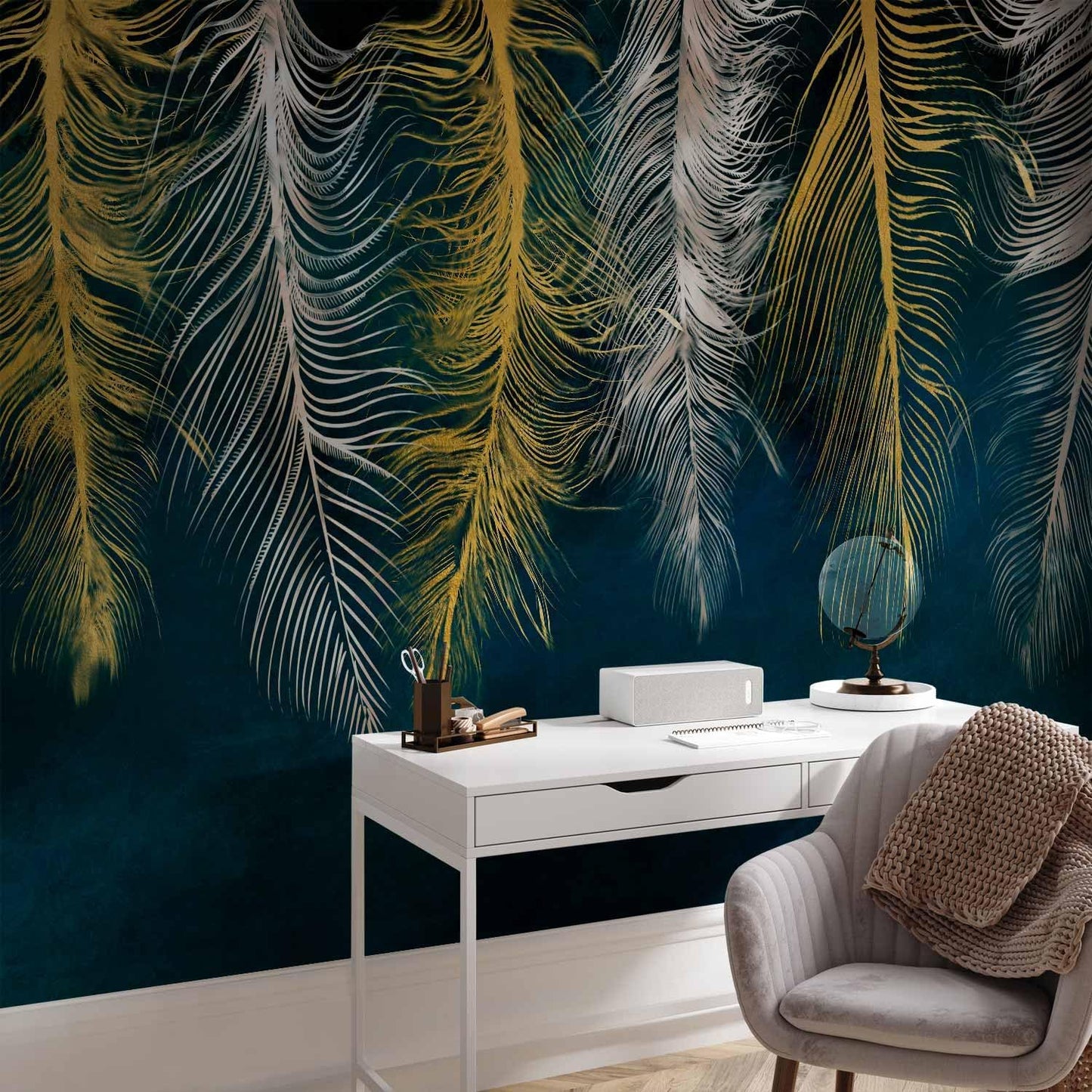 artgeist Wall Mural Feather 77x55 in - XXL Peel and Stick Self-Adhesive Wallpaper Removable Large Sticker Foil Wall Decor Print Picture Image Design Abstract Beige Navy Blue b-A-0812-a-a