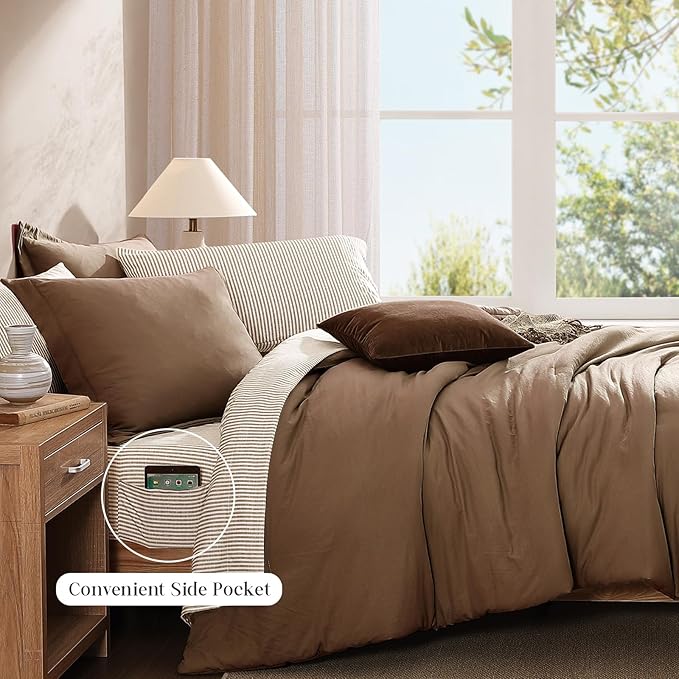 Monbix Full Size Comforter Set - 7 Pieces Brown Prewashed Bed in a Bag Full Bedding Sets with Comforters, All Seasons Ultra Soft Comforter Bed Set with Sheets,Pillowcases & Shams