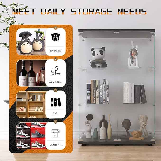 Beauty4U 2 Doors Glass Display Cabinet with 3 Shelves, Curio Cabinets for Living Room, Bedroom, Office, Black Floor Standing Glass Bookshelf, Quick Installation