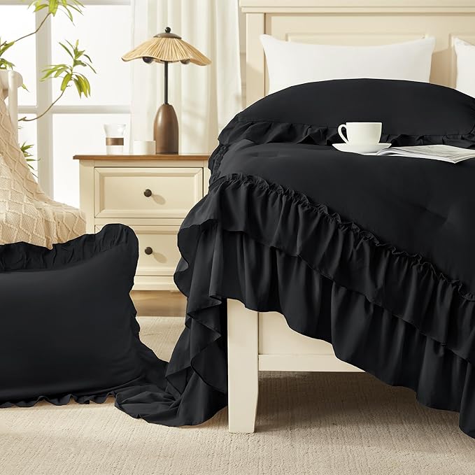 Andency Black Twin Size Comforter Set(66x90Inch), 2 Pieces Fluffy Farmhouse Shabby Chic Ruffle Bedding Comforter Sets, All Season Soft Lightweight Microfiber Bedding Set for Kids