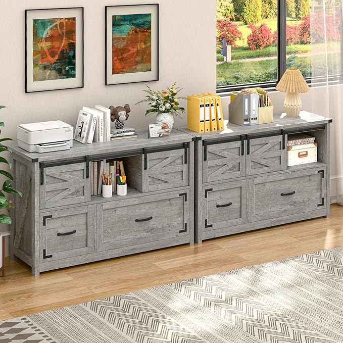 Vabches Lateral File Cabinets 2 Drawer with Sliding Barn Doors, Farmhouse Filing Cabinet with 2 Drawer for Home Office，Filing Organization Storage Cabinets for Hanging Files Letter/Legal/F4/A4