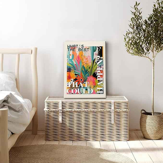 HIWX What's the Best That Could Happen Maximalist Floral Framed Canvas Painting Wall Art Decor, Funky Eclectic Botanical Inspirational Wall Art Home Decoration for Home Bedroom Room, 11x14