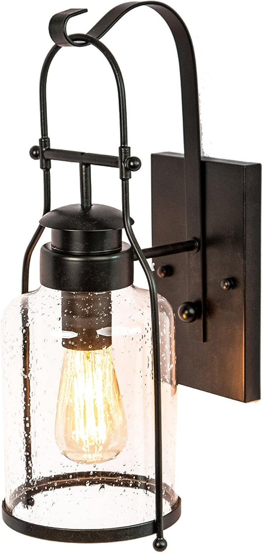 Muskoka Lifestyle Products Rustic Wall Light Lantern with Retro Industrial loft Lantern Look in Rubbed Bronze Powder Coat Finish with Milk Pioneer jug Glass