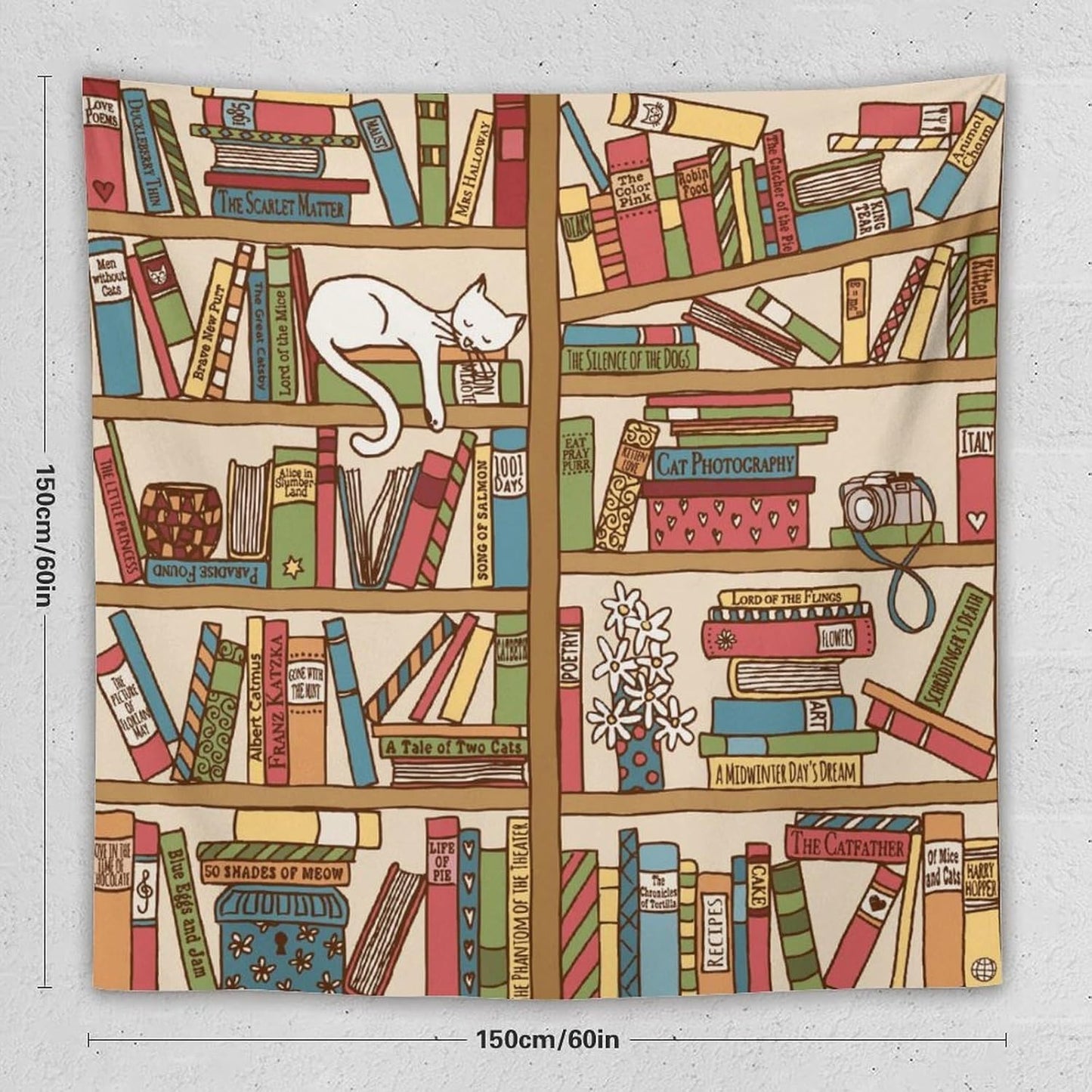 Kurtect Bookshelf Tapestry,Cute Cartoon Cat Sleeping Library Theme Pattern Print Tapestries for Party Beach Picnic Blankets Tablecloths Living Room Wall Deocr, 60x60 in