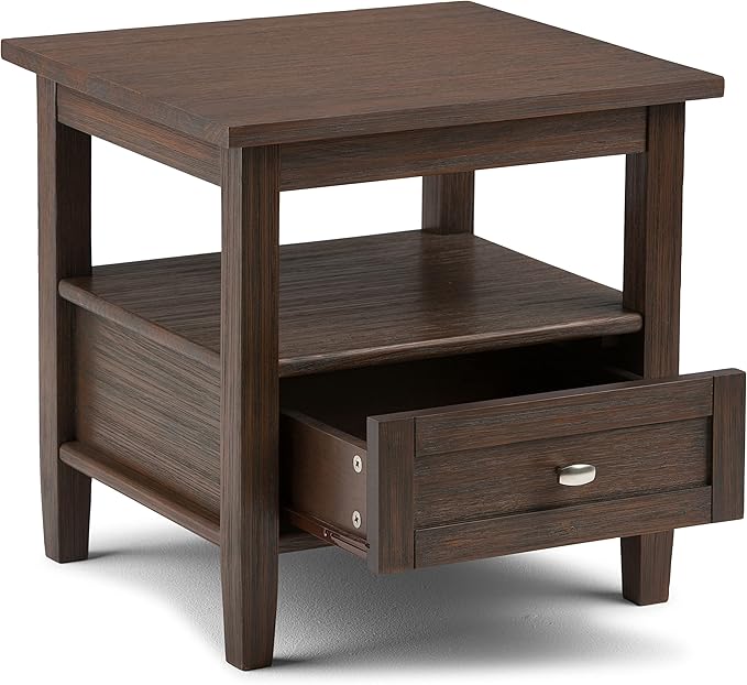 SIMPLIHOME Warm Shaker End Table - 20 inch Wide Solid Wood Side Table in Farmhouse Brown, Transitional Accent Table for Living Room or Bedroom with Drawer, Open Shelf and Square Tapered Legs