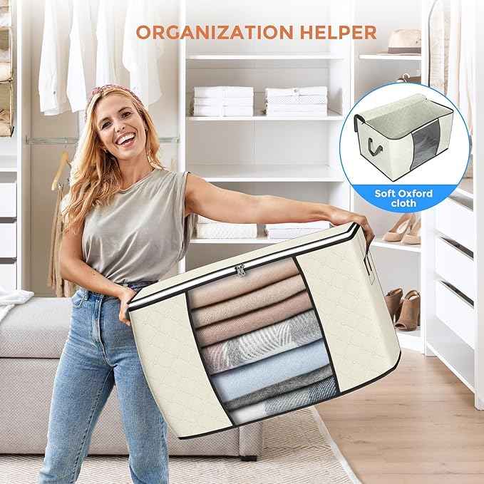 Budding Joy 90 L Large Storage Bags, 10 Pack Clothes Storage Bins Foldable Closet Organizers Storage Containers with Reinforced Handle for Clothing, Blanket, Comforters, Bed Sheets, Pillows (Beige)