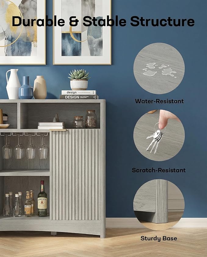 Marsail 47.2" Bar Cabinets with Storage,Modern Sideboard with Fluted Glass Doors,Versatile Coffee Bar with Adjustable Shelves and Stemware Rack for Kitchen and Living Room,Light Grey