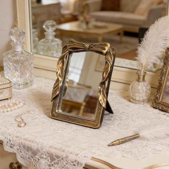 Vintage Rectangular Vanity Desk Mirror - 8x6Inch Wall-Mounted & Tabletop Decorative Ornate Gold Accent Retro Makeup Mirror for Bedroom Dresser Living Room Bathroom Dorm Champagne Gold