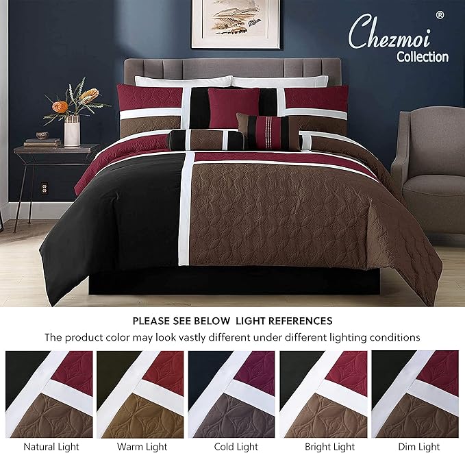 Chezmoi Collection Upland 7-Piece Quilted Patchwork Comforter Set, Burgundy/Black/Brown, Full