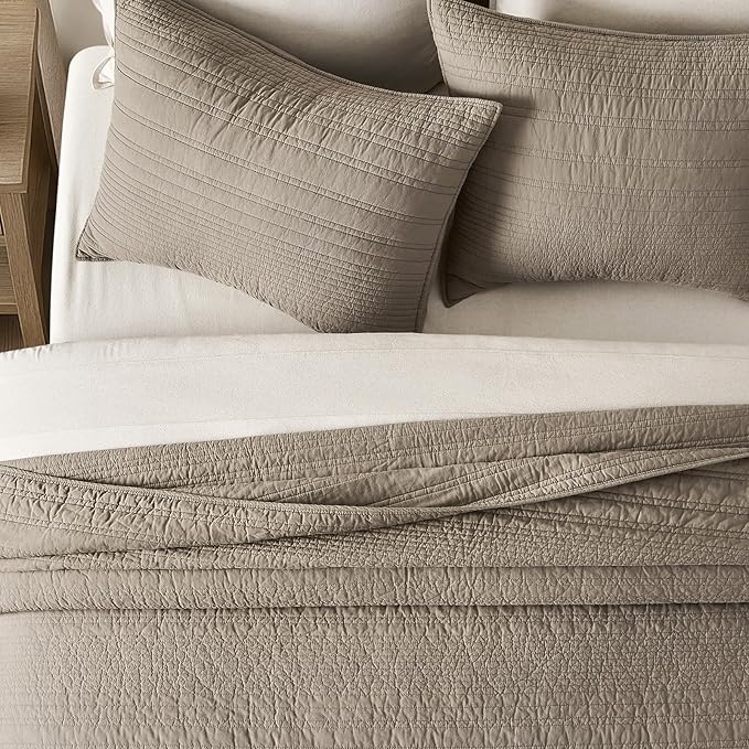 EVERGRACEHOME 100% Cotton Modern Lines Quilt Set King Size, Pre-Washed Soft Striped Coverlet Bedspread, 3 Piece Lightweight Bedding Set for All Season, with 2 Pillow Shams, Stone Taupe