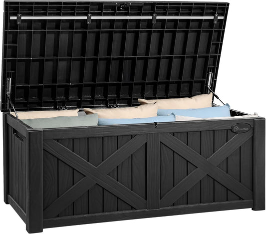 YITAHOME 120 Gallon Large Deck Box with X-Shaped Front, Resin Outdoor Storage Boxes, Waterproof Cushion Storage Bench for Patio, Pool Supplies, Garden Tools - Lockable, Black