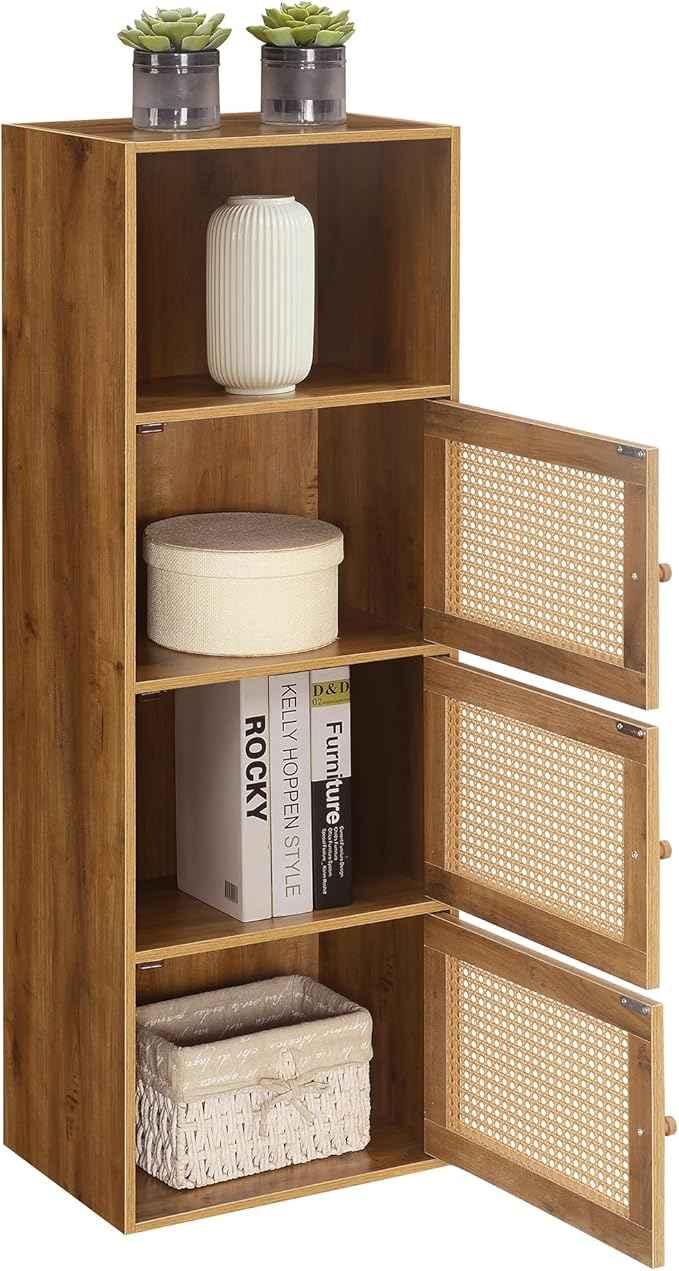 Convenience Concepts Xtra Storage Boho Weave 3 Door Cabinet 16.5" - Modern Rattan Organizer with Shelf for Living Room, Bathroom, Office, Home Library, Closet, Brown Autumn Haze/Beige Barley
